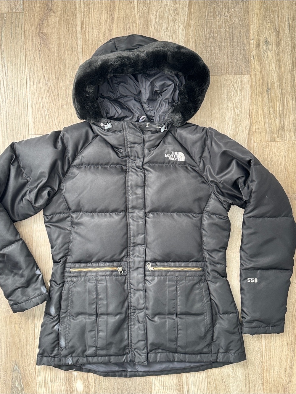 The North Face Black Women's Hooded Puffer Nylon Coat with Faux-Fur Trim Size M